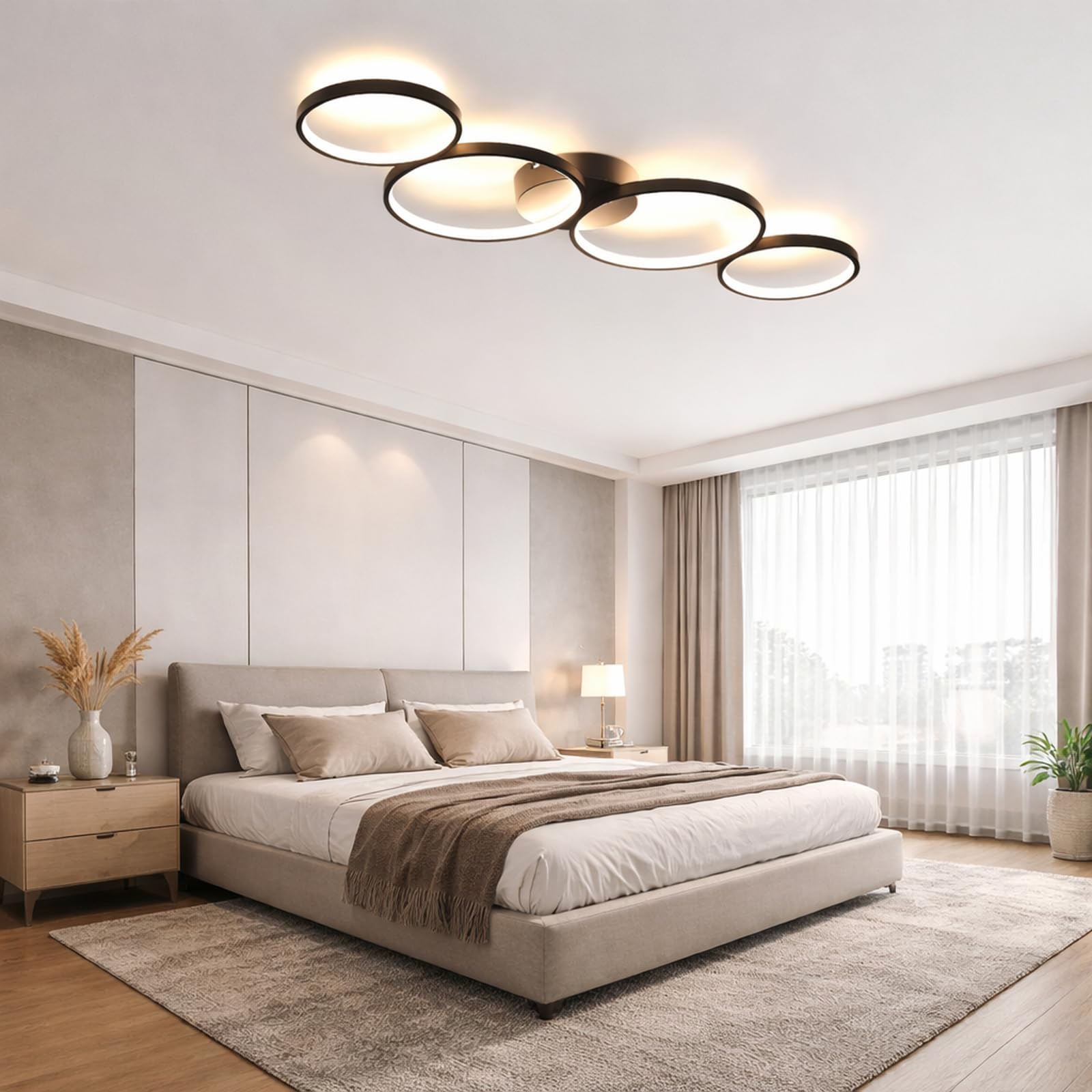 GBLY Lampa sufitowa LED nowoczesna 4 płomienie w optyce pierścieniowej | 3000k biała ciepła lampa sufitowa okrągła 37W wewnętrzna czarna lampa do salonu wykonana - salon przedpokój biuro gabinet