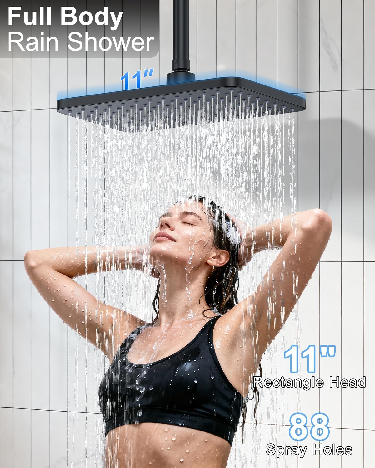 KOJOX Matte Black Dual Shower Head System – 11" Ceiling Rainfall + 6" Wall Mount Heads, 6-Mode Handheld Spray, Push-Button Diverter Faucet Set