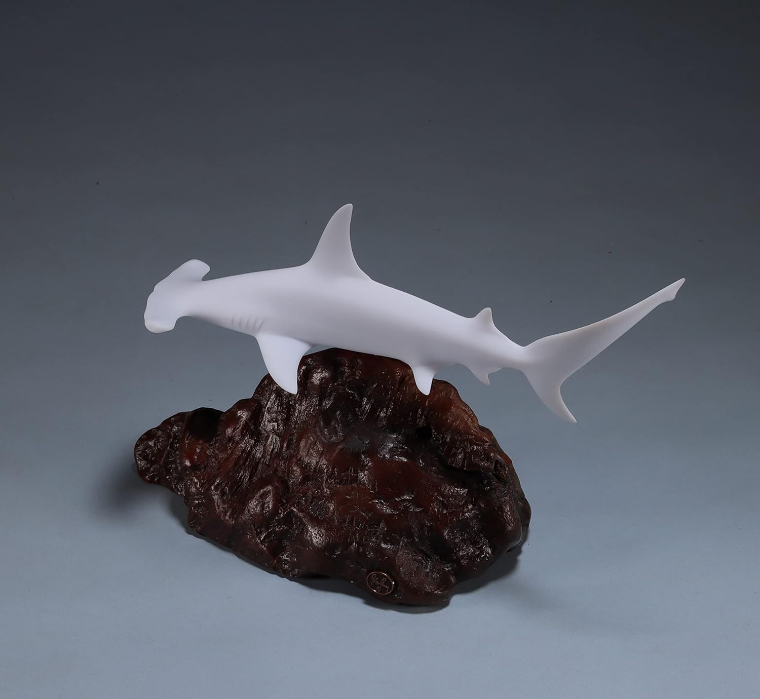 Hammerhead Shark Sculpture by John Perry 9 in Long Pellucida on burl Base. Signed.