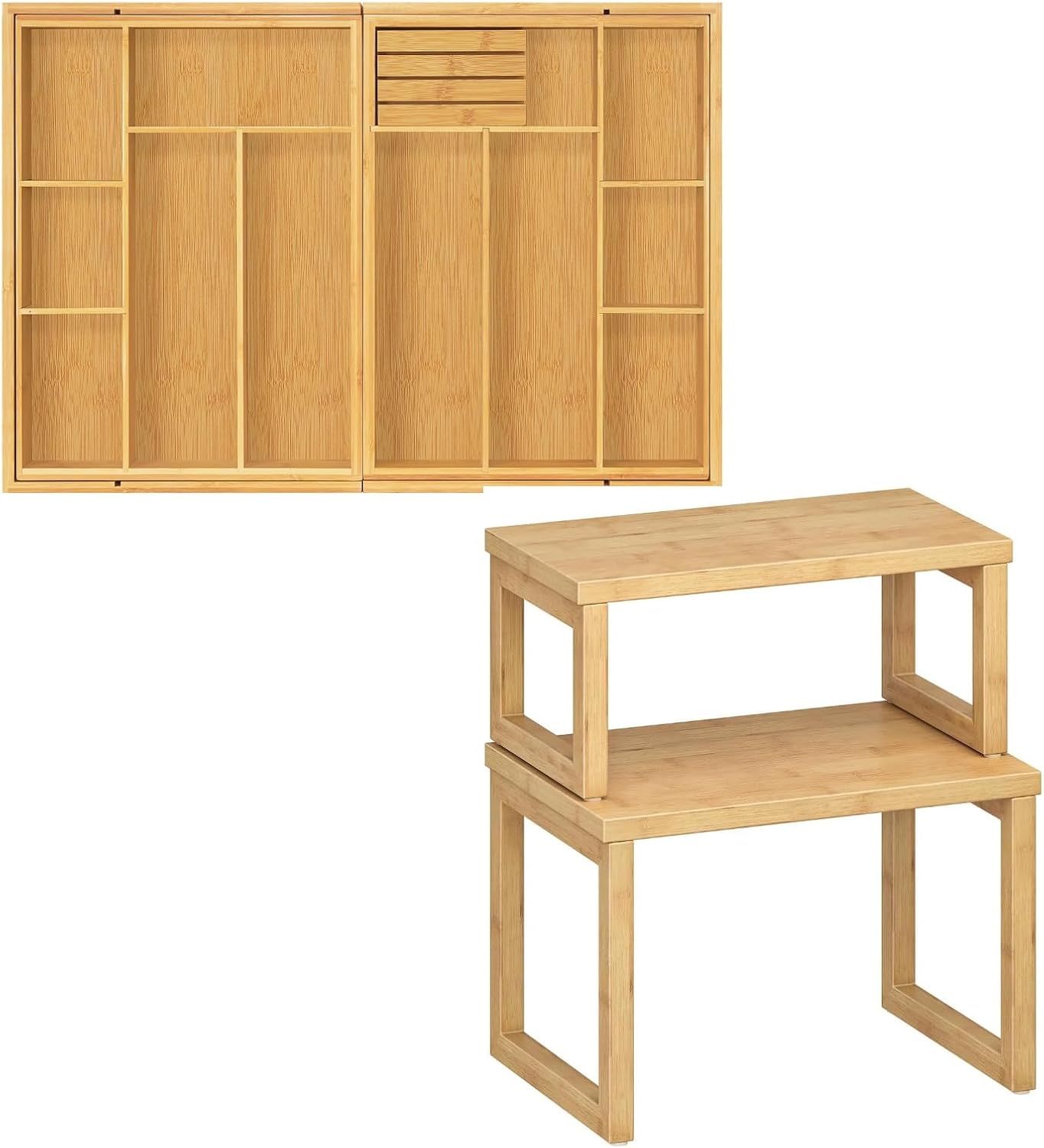 HOOBRO Silverware Organizer and Cabinet Organizer Shelf Bundle, Magnetic Connected Expandable Utensil Organizer, Stackable Bamboo Spice Rack, for Kitchen, YL07TL01-YL20TL01