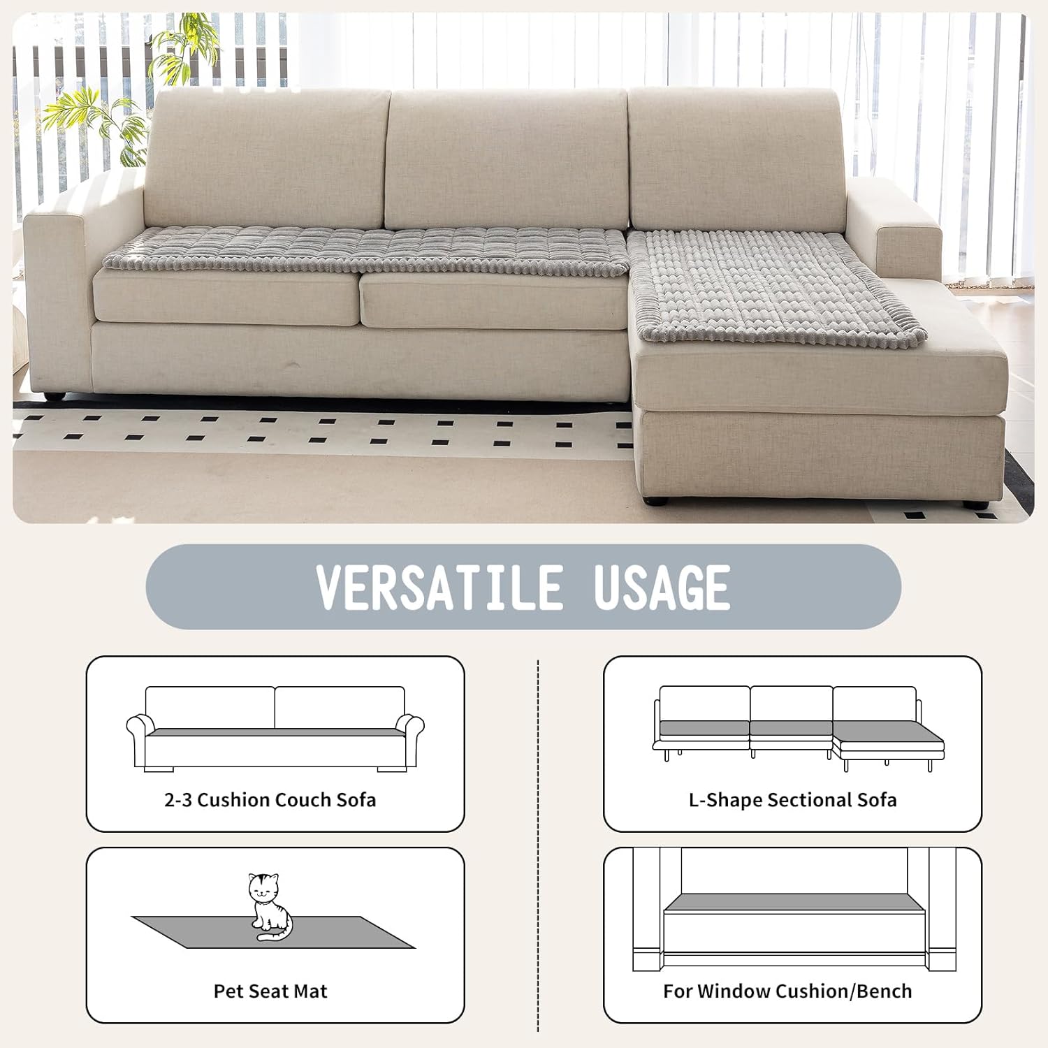 Sofa Couch Cover, Sofa Covers for Dogs Washable, Non-Slip Striped Sofa Slipcovers for Sectional Sofa, Sofa Cover Furniture Protector for L Shaped(Light Grey, 27.6"x 59")