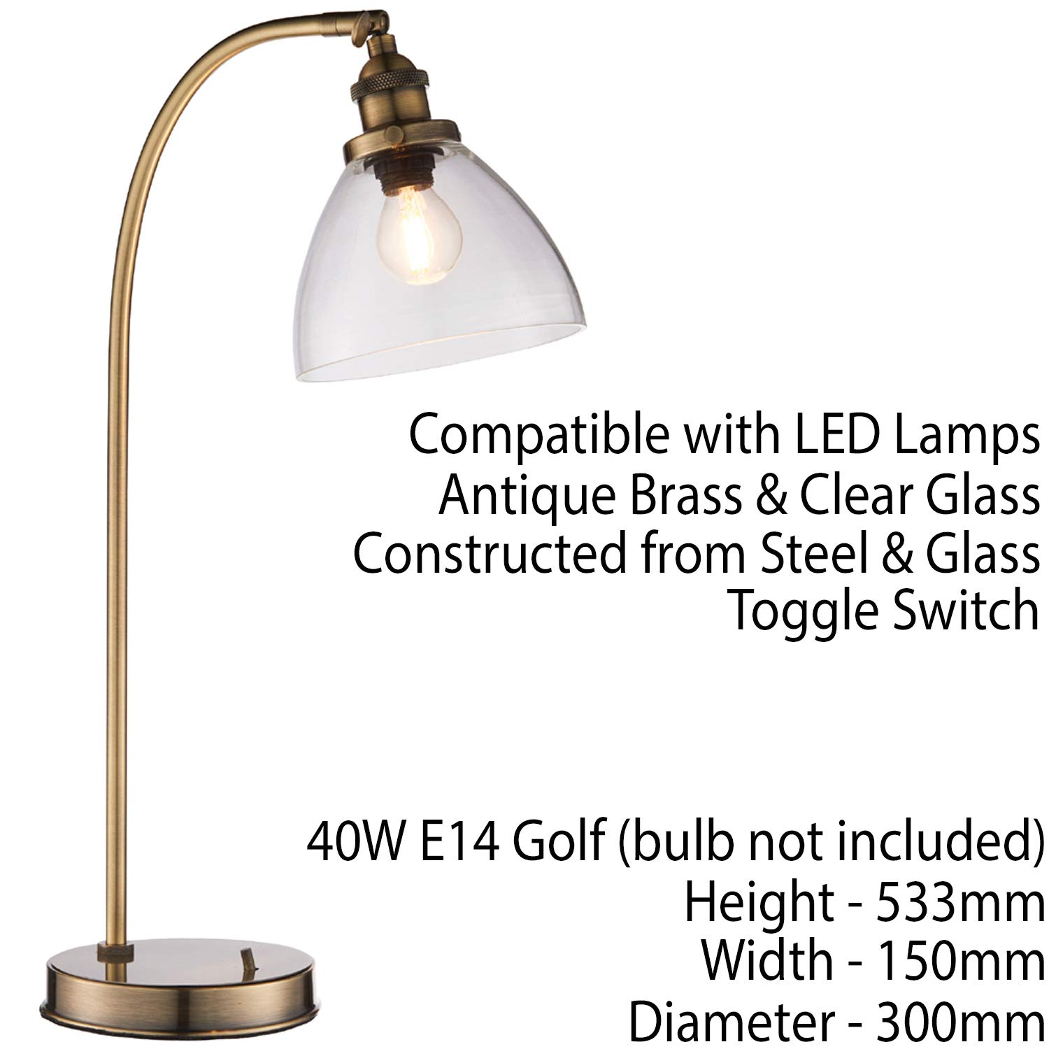 40 W E14 | 533 mm wysoki zakrzywiony ramię lampa stołowa światło | antyczny mosiądz i przezroczysty szklany klosz | nowoczesny industrialny regulowany głowa sypialnia szafka nocna biuro biurko funkcja czytania oświetlenie | LED