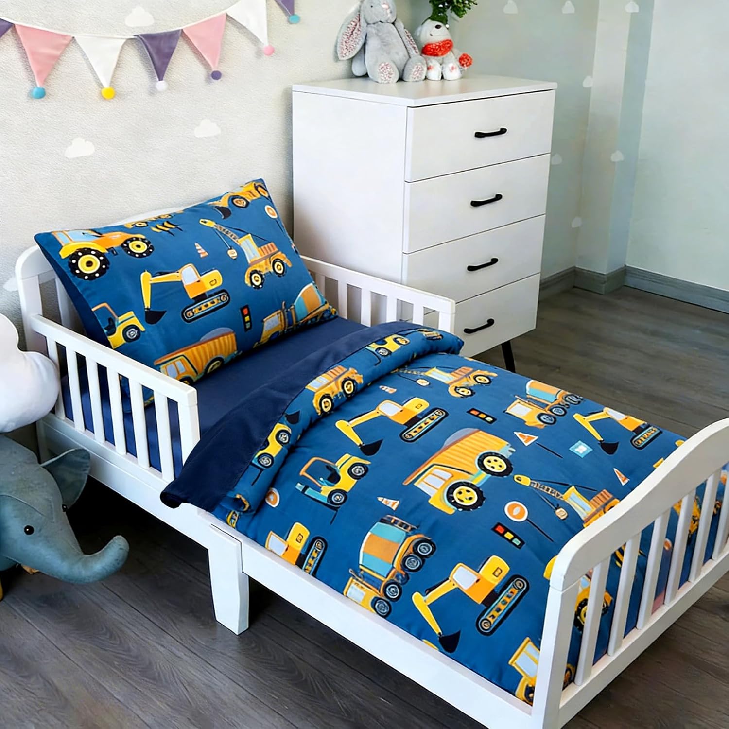 NTBED 4 Pieces Construction Truck Toddler Bedding Set for Baby Boys, Cartoon Vehicles Excavator Cars Printed, Includes Comforter, Flat Sheet, Fitted Sheet and Pillowcase,Sky Blue