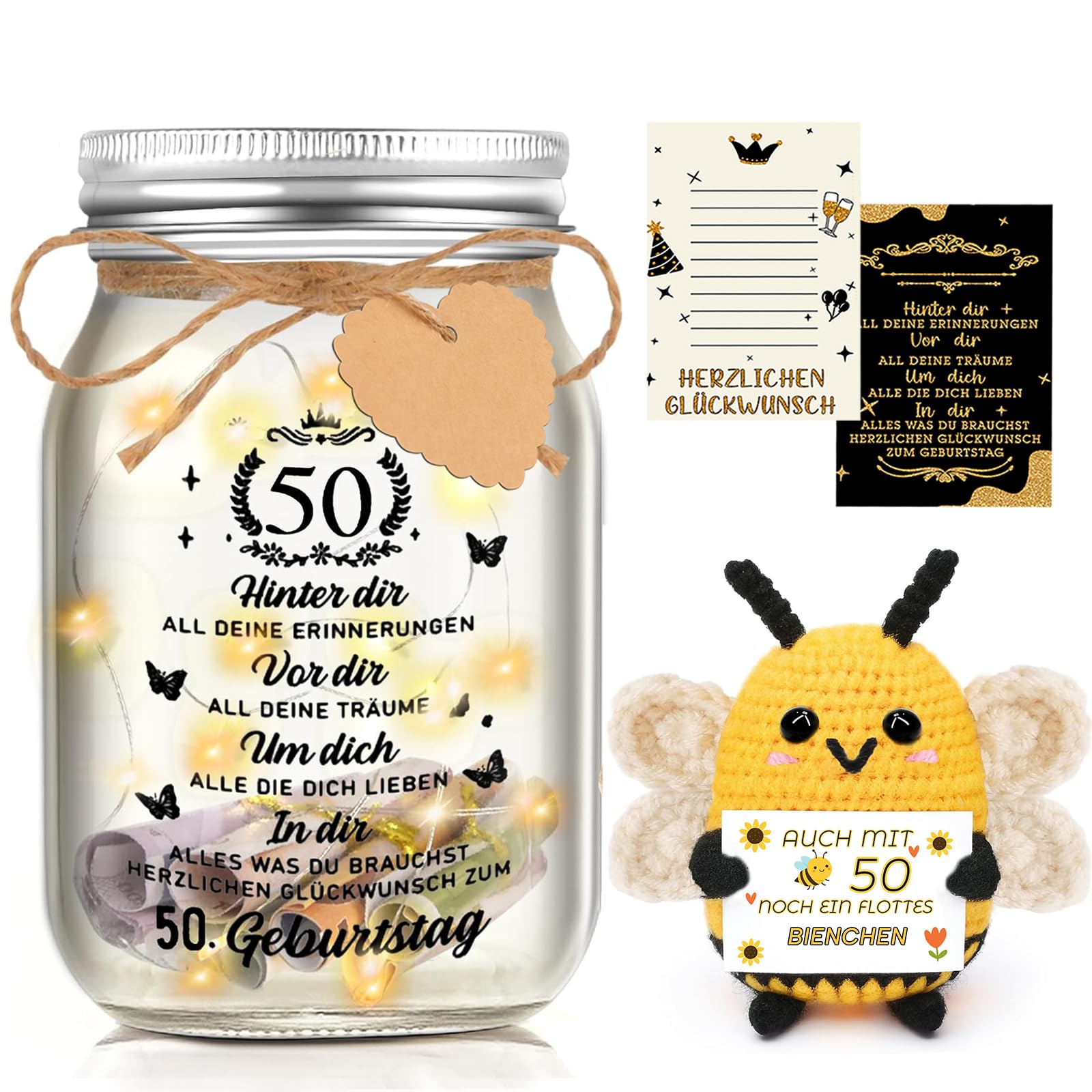 Johiux LED Flaschenlicht mit Positiver Kartoffel Biene für 50. Geburtstag Frau Mann,Pocket Hug Positive Glücksbringer Biene Geburtstagskarte Lustige Geldgeschenke 50.eburtstag.