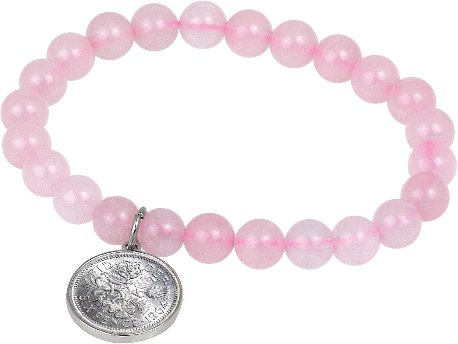 Lucky British Sixpence Coin Rose Beaded Bracelet | Stretch Style | 7 Inch One Size Fits All | Certificate of Authenticity
