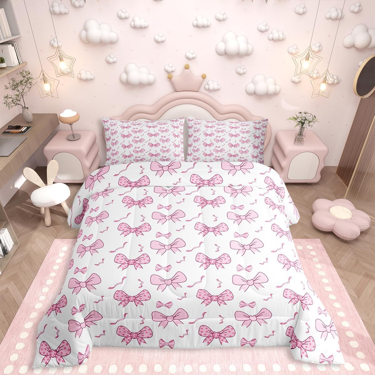 Erosebridal Light Pink Bow Bedding Set Aesthetic Bows Comforter Set,Girly Watercolor Ribbon Bowknot Quilt for Teens Kids Child Women Kawaii Princess Bowknot Quilt Kawaii Room Decor Aesthetic,Twin