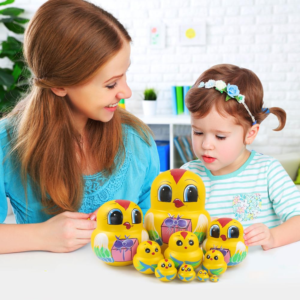 10 x russische Puppen aus Holz, gelbe Hühner, Bauernhahn, traditioneller Matroschka-Puppen, stapelbar, für Kinder, Ostern