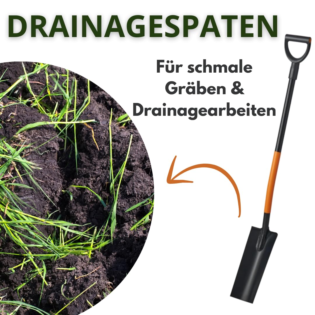 125cm Drainagespaten Spaten mit Metallstiel & Anti-Rutsch-Griff – Kanalspaten Kabelspaten– Für Garten, BAU & präzise Erdarbeiten, Hergestellt in EU
