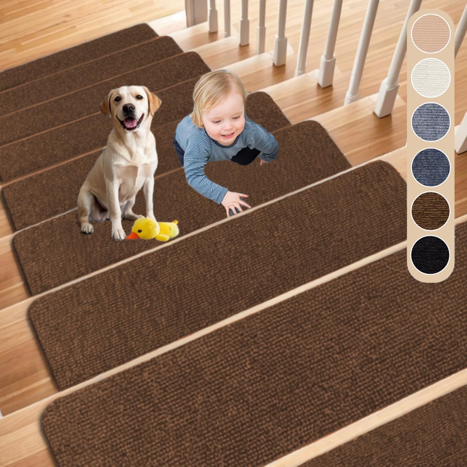 Cnwinu 15PCS Stair Treads Mats,Self-Adhesive Stair Runner Carpet for Staircases,60x20cm Stair Carpet Treads,Non-Slip Stair Mats for Indoor Wooden Steps,Stair Covers for Children,Elders and Pets(Brown)