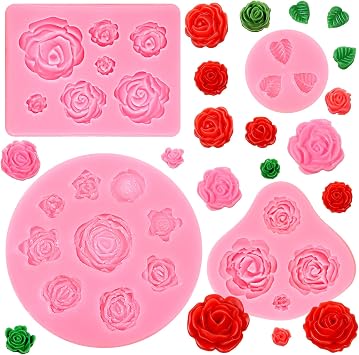4 Pcs Rose Flower Silicone Mold, Reusable Washable Rose Chocolate Mold Pink Flower Leaf Polymer Clay Molds for Chocolate Candy Polymer Clay Crafting Wedding Cake Decorating