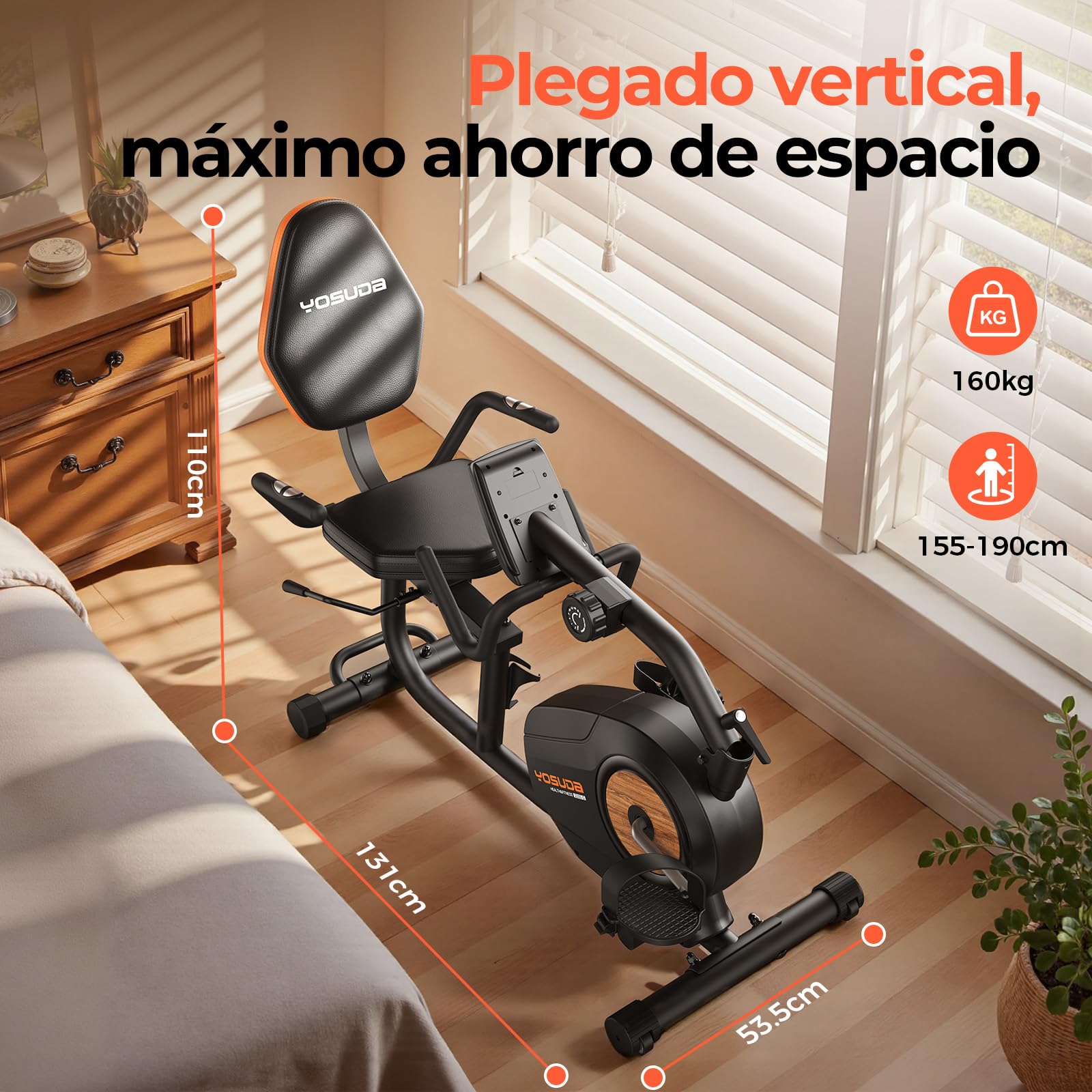YOSUDA Bicicleta Estática Reclinada Doméstica – 16 Niveles Resistencia Magnética, Silenciosa, Asiento Ajustable, Montaje Fácil, Pantalla LCD, Sensores Pulso, Hasta 160kg, Bici estatica con respaldo