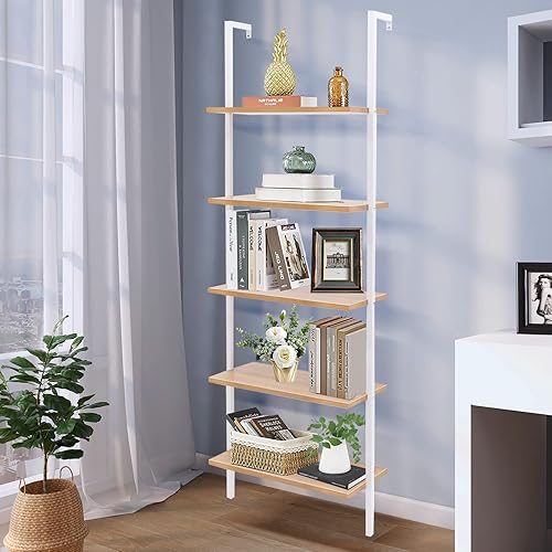 Miniatura 3 de ANTSKU Estantería de escalera de 5 niveles para montar en la pared, estantería de escalera con marco de metal y estante de madera, estantería de