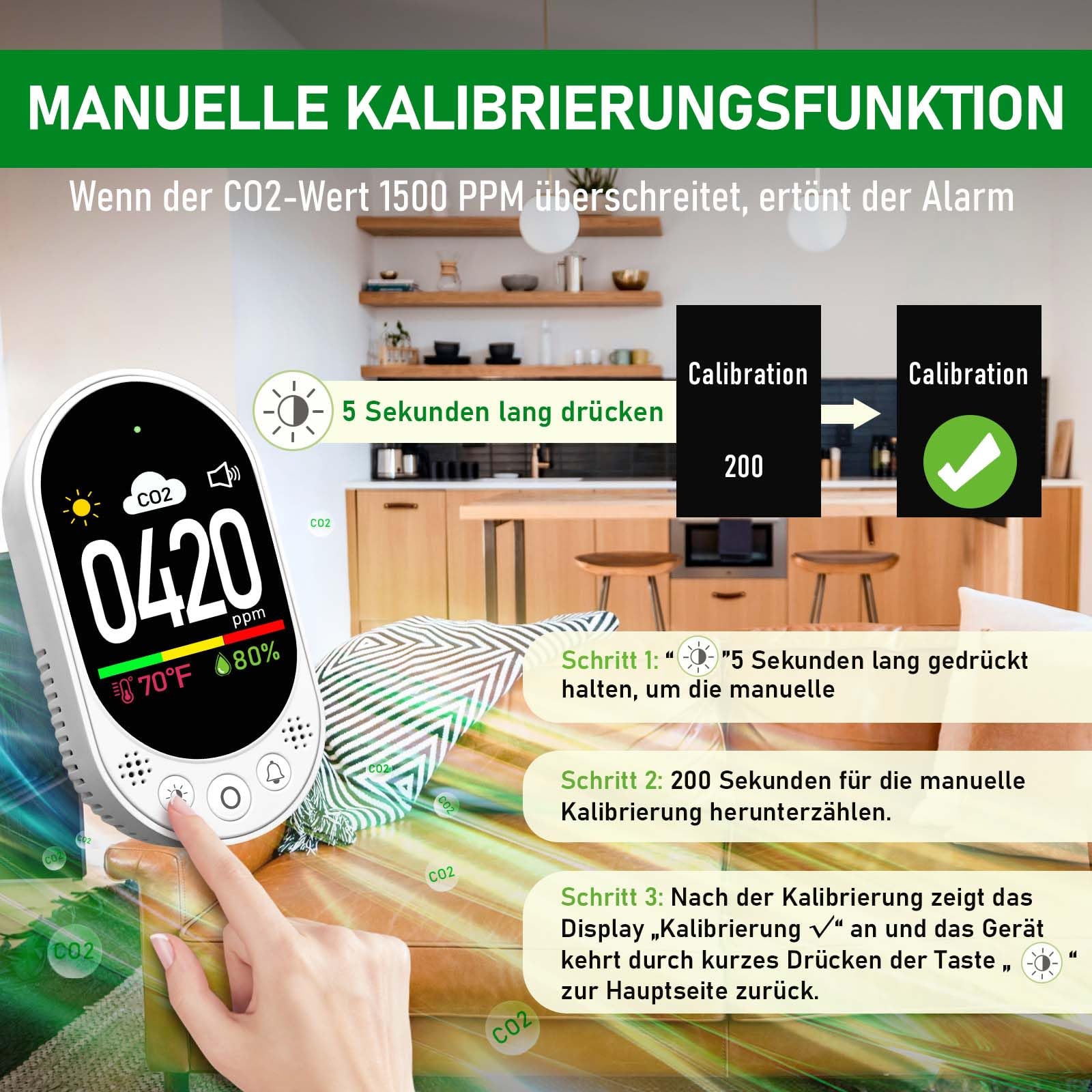 LSENLTY CO2-Messgerät 3-in-1 Temperatur Luftfeuchtigkeit CO2-Wert Alarmfunktion manuelle Kalibrierung