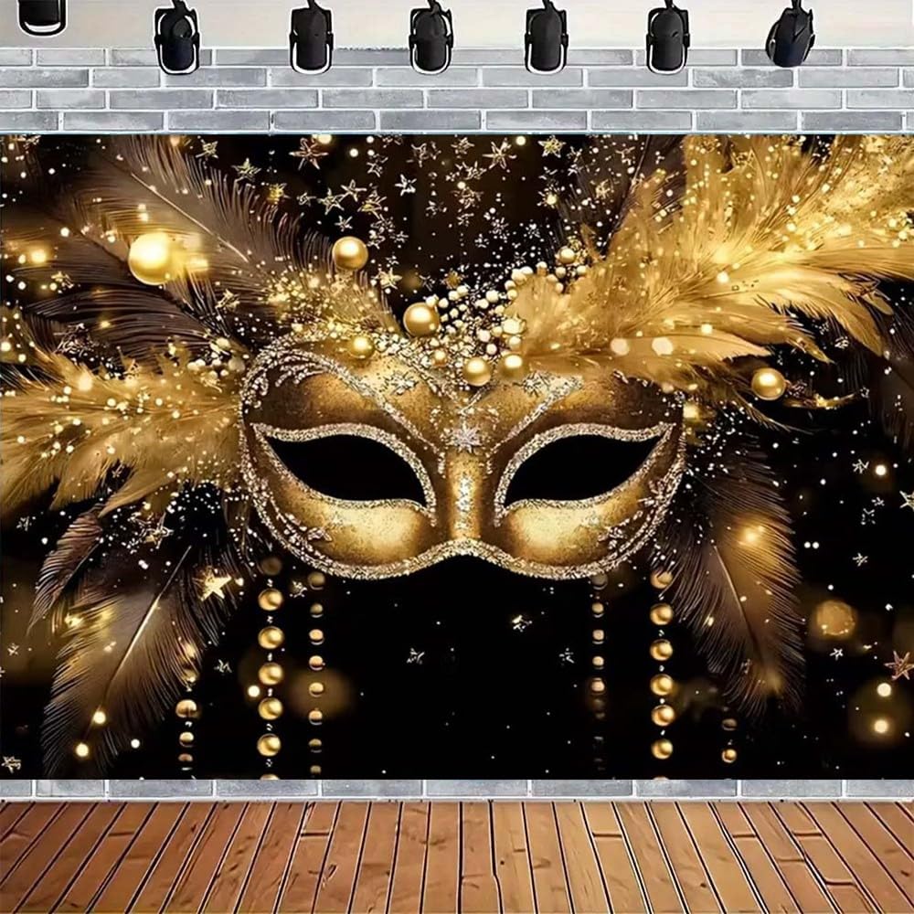 Sfondo per feste in maschera, maschera dorata, piume glitterate, sfondo fotografico, per martedì grasso, feste in maschera, carnevale, feste di buon compleanno (A, 2,7 x 1,8 m)