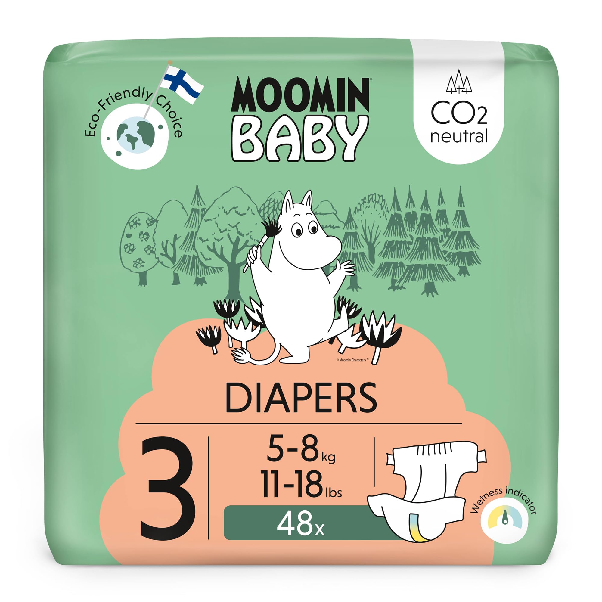 Moomin Baby Öko Windeln Größe 3, 5-8 kg 48 Stück, Weiche Premium Windeln | Weich und hautfreundlich, Atmungsaktiv, Saugfähig, Keine unnötigen Chemikalien |