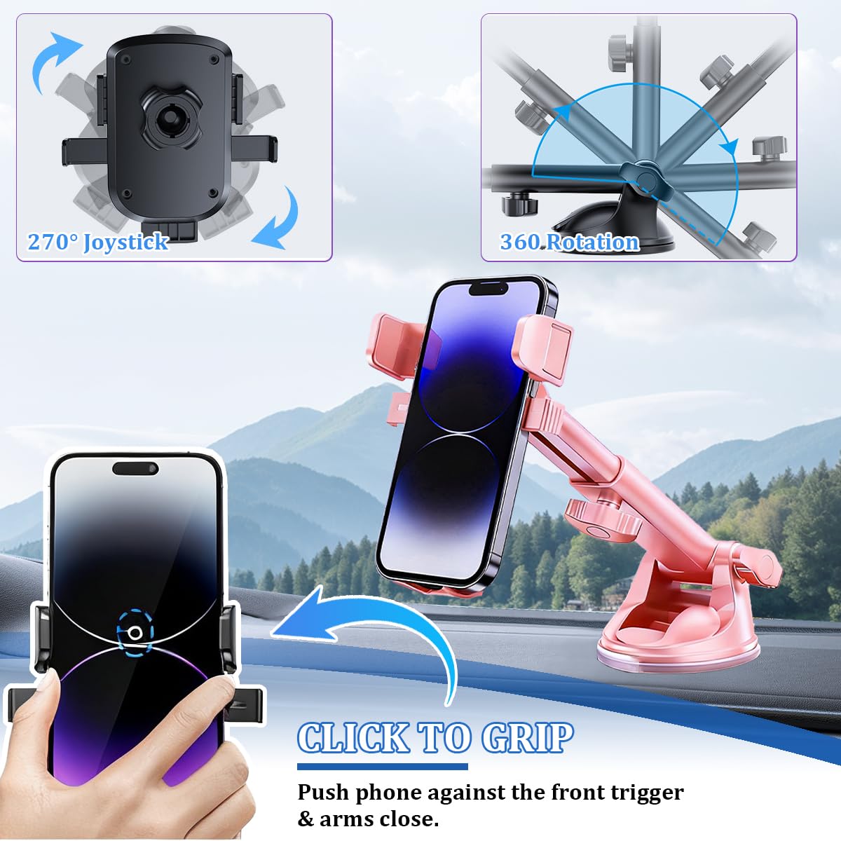 Zpana Supporto per telefono da auto, rotazione a 360°, con forte ventosa, supporto per smartphone e cruscotto, universale, per la maggior parte dei cellulari (rosa)