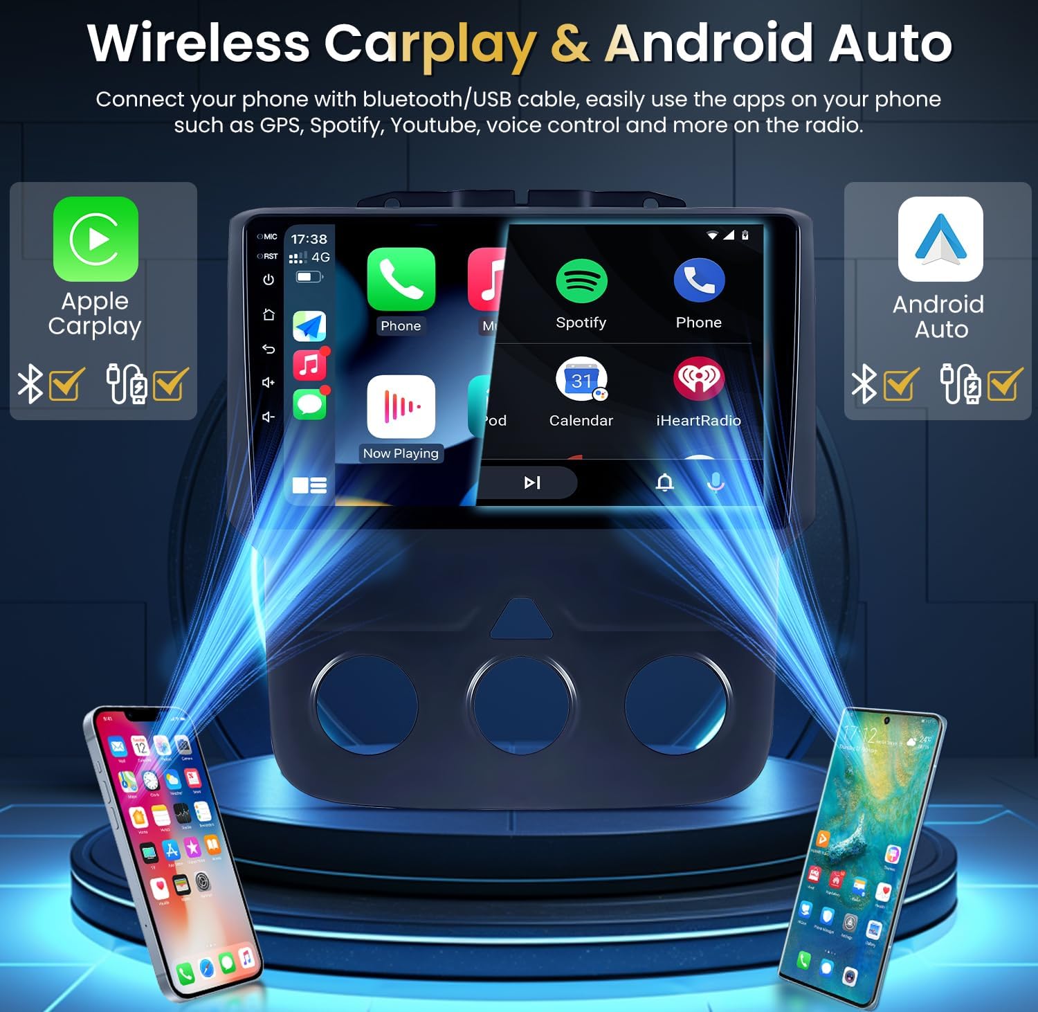 Car stereo display showing the main interface with various app icons