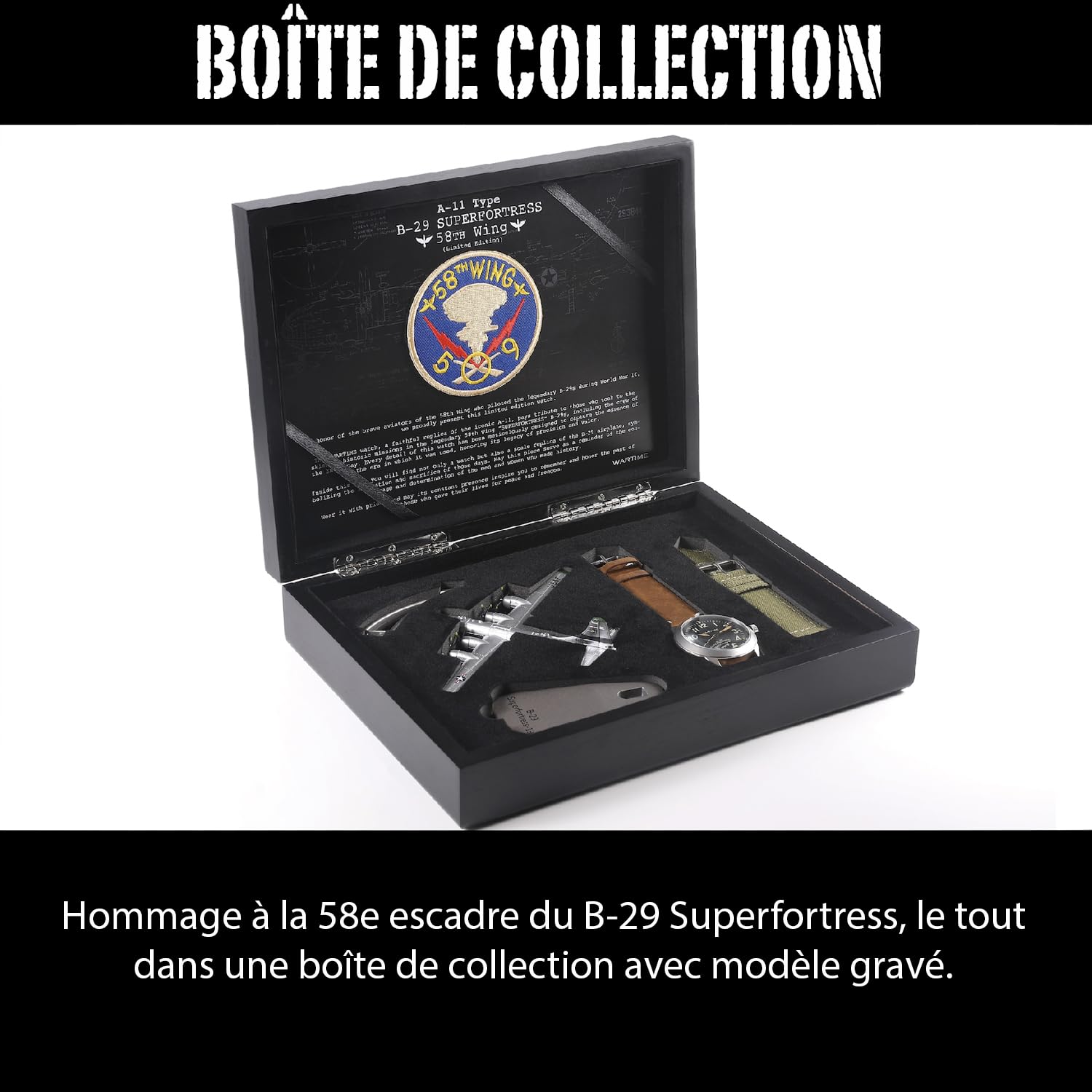 WARTIME | Montre Aviateur Militaire Inspirée des Montres USAAF A-11 "La montre qui a gagné la Seconde Guerre mondiale" - Mouvement Quartz Suisse - Édition Vintage avec Deux Bracelets