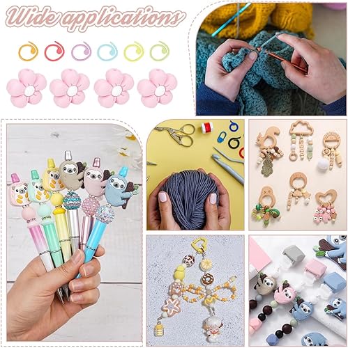 Miniatura 6 de NBEADS 8 tapones de aguja de tejer, 30 anillos marcadores de punto de tejer, protectores de punto de aguja de flores, tapones de puntada,