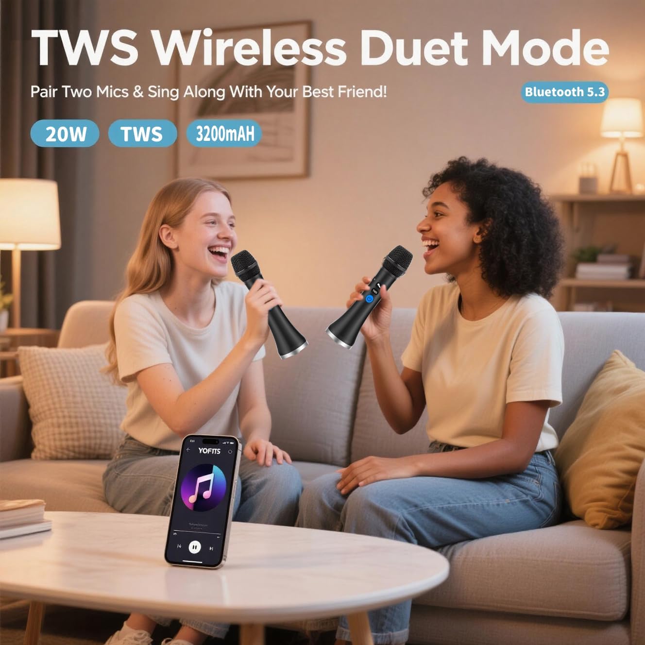 YF79 Wireless Bluetooth Microphone, 20W Portable Karaoke Machine with 2 Mic Duet, 10H Playtime, HD Dynamic Mic for Live Streaming, Party, Home Karaoke, Compatible with iOS/Android/Windows