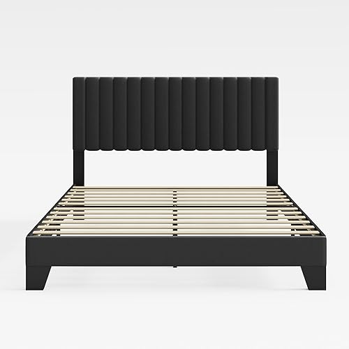 Miniatura 9 de Base de cama de tamaño matrimonial, cama de plataforma tapizada de terciopelo con cabecera ajustable copetuda, marco resistente y listones, Negro