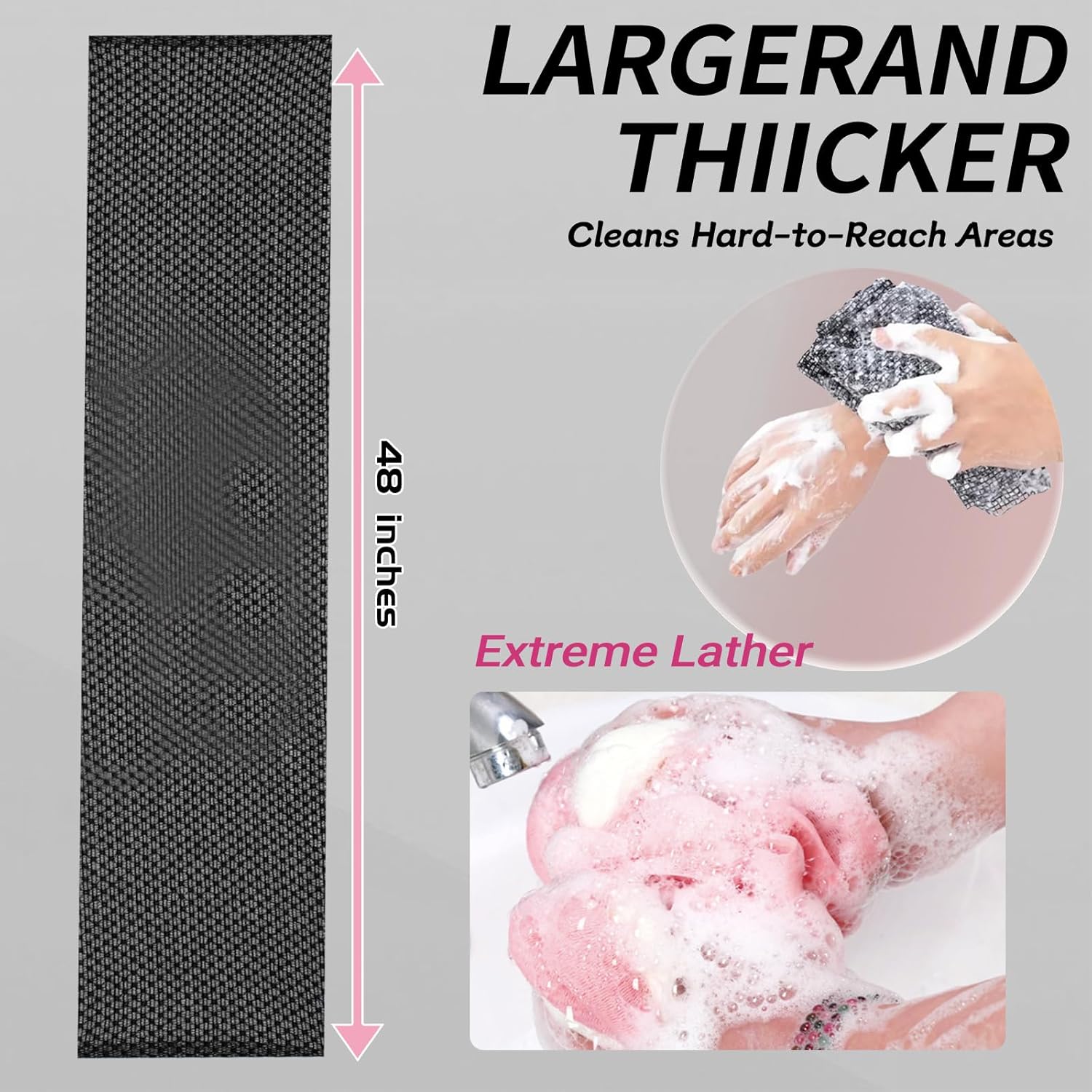 Blissal Exfoliating Shower Towel 47", Premium Scrub Wash Cloth for Body Face, Blissal Shower Towel for Smooth Skin, 2-in-1 Exfoliating Washcloth-Body Scrubber with 2 Sides for All Skin Types (Black) - Image 3