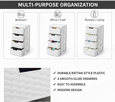 Large Rattan Storage Drawers - 4 Drawer Modular Storage Tower - Home Office Garage Storage Solution - White Chest Drawers Organization - 80cm (H) x 39cm (D) x 39cm (W)