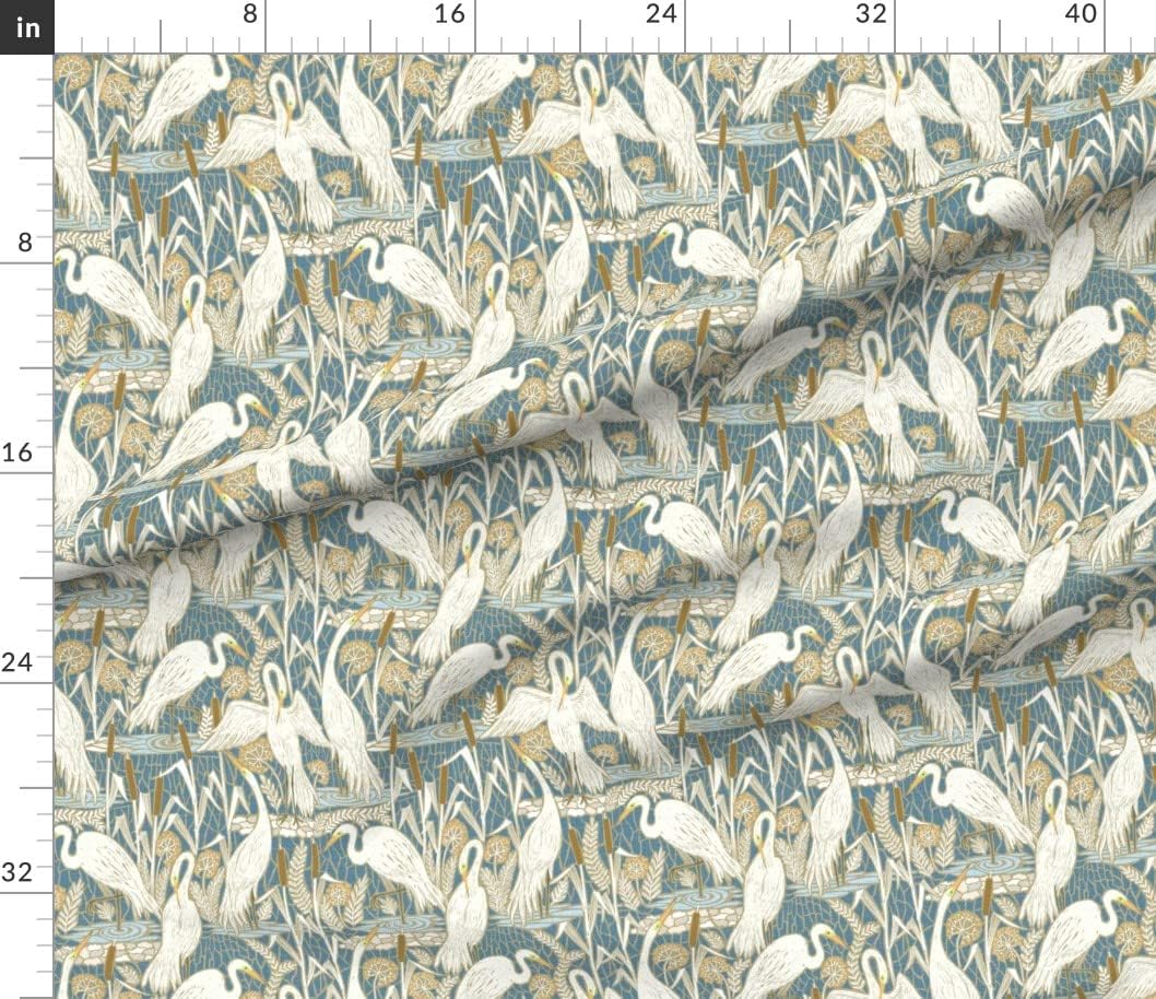 Spoonflower Fabric - Coastal Cranes Art Deco Classic Nautical Cream Blue Nature Birds Printed on Petal Signature Cotton Fabric Fat Quarter - Sewing Quilting Apparel Crafts Decor