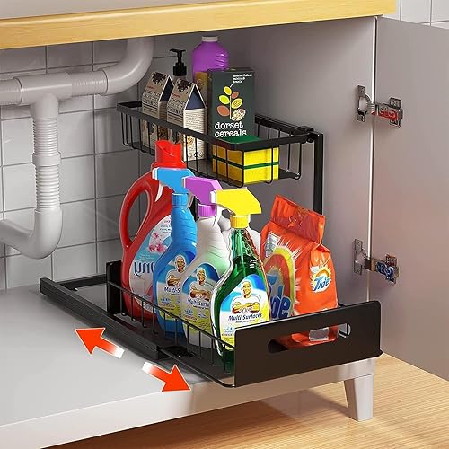 Fodayuse Organizador en forma de L para debajo del fregadero con diseño deslizante, estante extraíble de 2 niveles, organizador para debajo del