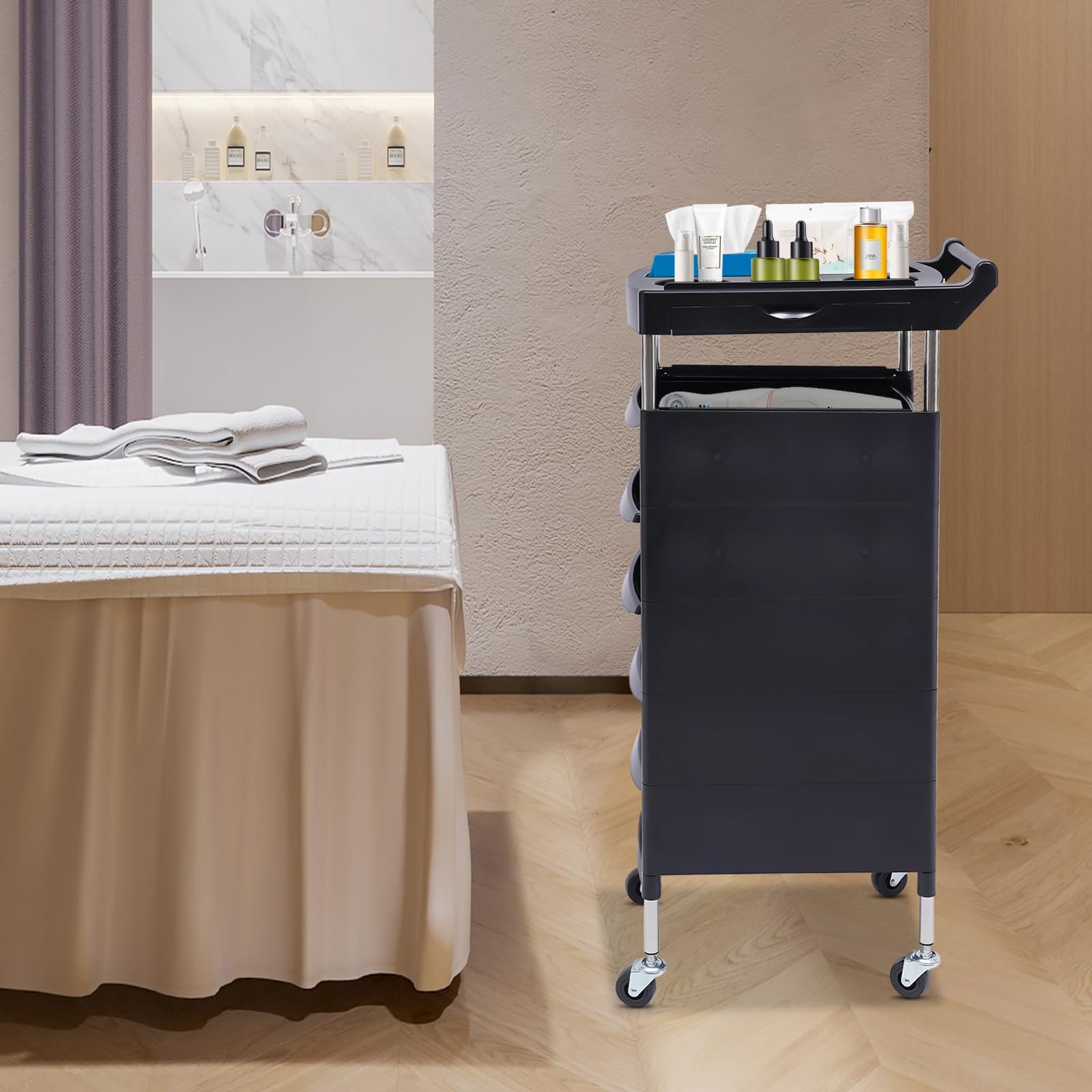 Carro de peluquería con 5 cajones y cuatro ruedas giratorias de 360 °, 90 x 18 x 38 cm, para salón de belleza, peluquería, hospital, etc. Negro