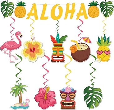 Luau Party Decorations - 9PCS Hanging Swirls, ALOHA Banner | Hawaiian Themed Party Decorations for Beach Pool Party - Tropical Birthday Decorations Party Favors Supplies for Summer Home Office School Decor Outdoor Indoor