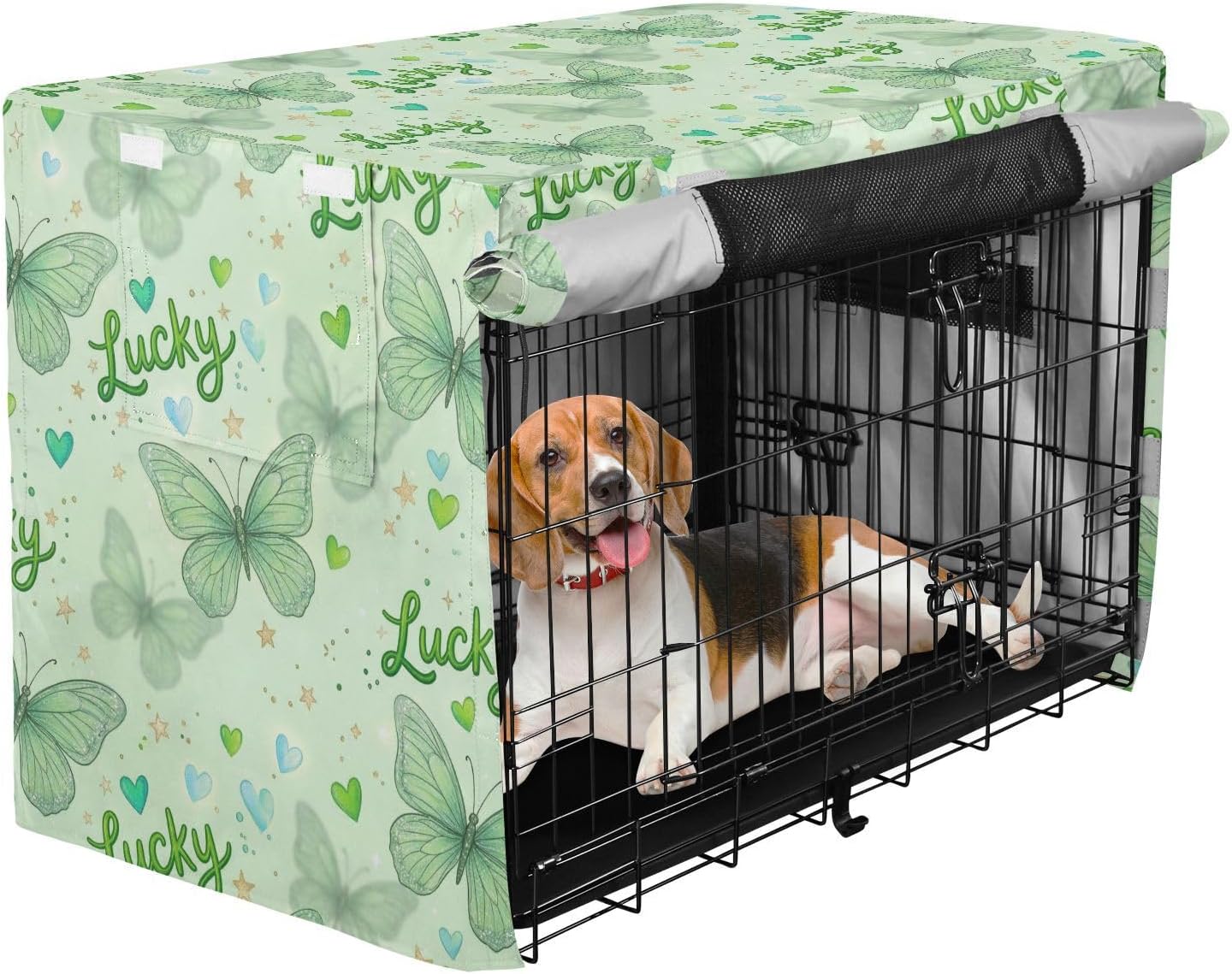 Duty 600D Silver Coated Dog Crate Cover, Water-Resistant Butterfly Print Pet Kennel Canopy with Mesh Windows for Optimal Ventilation, Universal Fit for Standard Wire Cage, Indoor & Travel