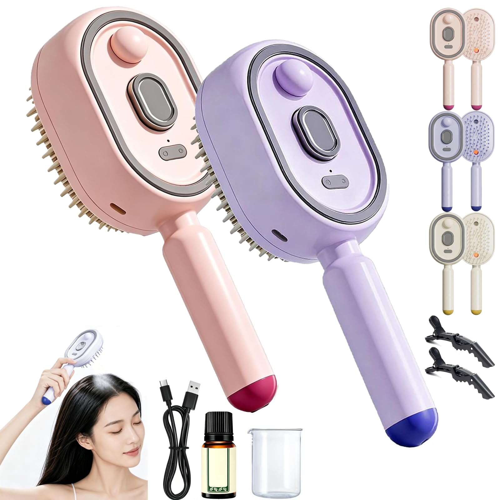 Cepillo Eléctrico de Masaje con Cojín de Aire y Spray, Cepillo de Vapor Antienredos Autolimpiante, Cepillos Pulverizador 3 en 1 para Cabello Liso, Rizado, Seco y Dañado (2pcs-C)