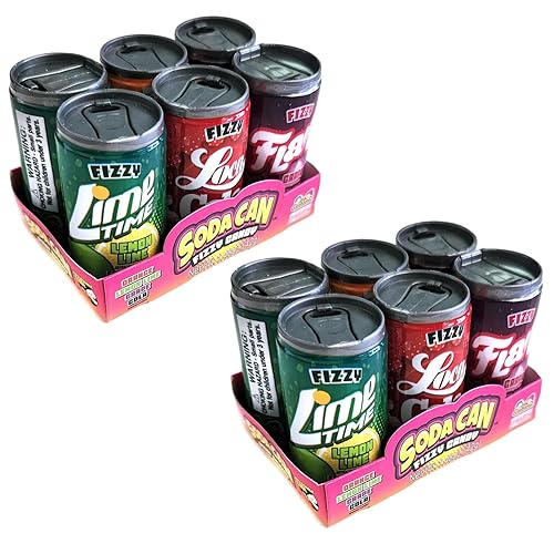 Kidsmania Soda Can Fizzy Candy (paquete de 2) naranja, lima limón, uva, cola y 2 calcomanías de Gosutoys
