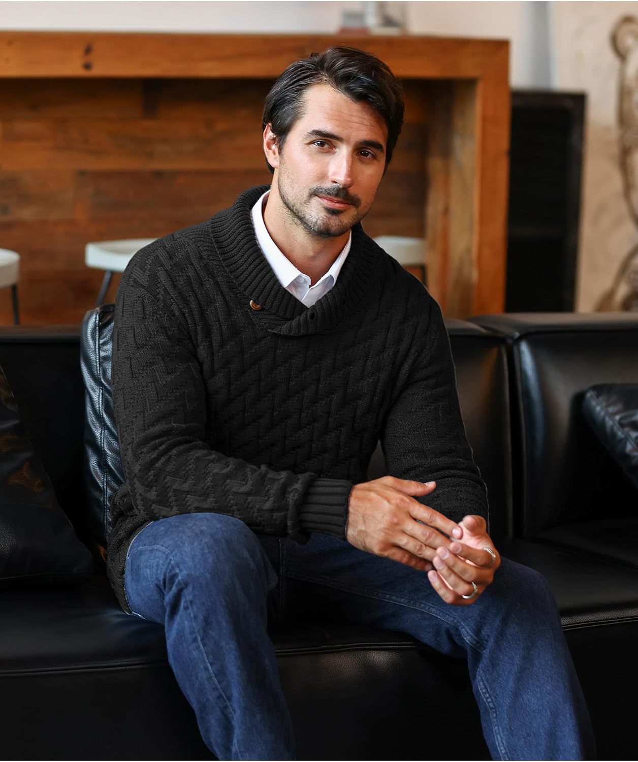 Men's Dressy Cable-Knit Sweater Buttoned Mock Neck Pullover for Fall & Winter, S-5XL - Image 5