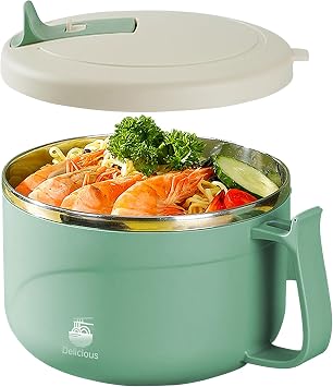 Microwave Ramen Bowl with Handles,304 Stainless Steel Liner Bowl, Microwavable Soup Mug with Lid Large Soup Cups for Ramen Noodle Cereal,42 ozGree