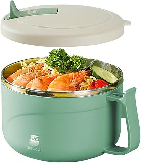 Microwave Ramen Bowl with Handles,304 Stainless Steel Liner Bowl, Microwavable Soup Mug with Lid Large Soup Cups for Ramen Noodle Cereal,42 oz(Gree)
