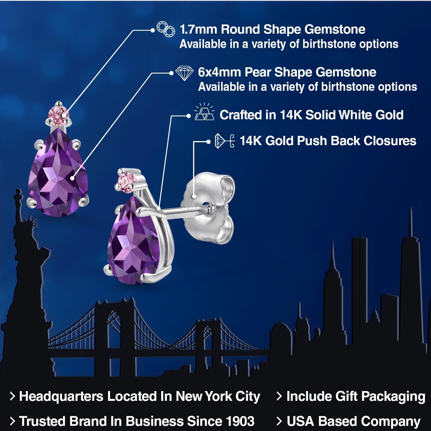 Gem Stone King 14K White Gold Purple Amethyst and Pink Lab Grown Diamond Stud Earrings for Women | 0.76 Cttw | Gemstone February Birthstone | Pear Shape 6X4MM - Image 2