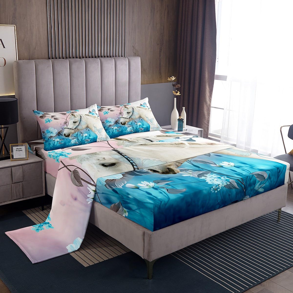 Castle Fairy White Horse Animal Bed Sheet Set for Kids,Fantasy Butterfly Wildlife Sheets Set,Blue Flowers Rustic Home Decor Sheet Sets with Deep Pocket,Top Flat Sheet,Twin Size