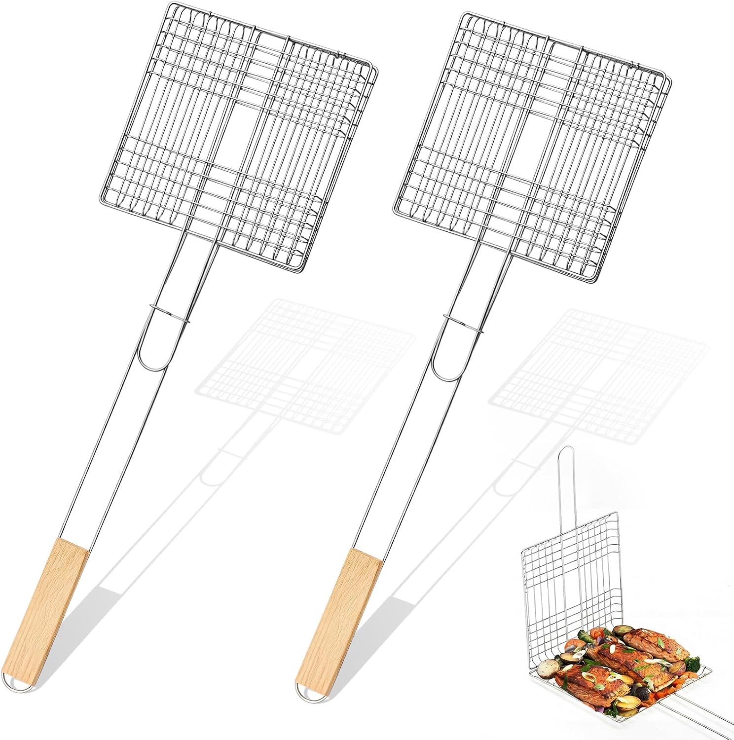 2 Pcs Grilling Basket Stainless with 21" Long Heat-resistant Steel Grill Basket Wooden Handles for Outdoor Wood Stove Flip Grills Cooking Portable Camping Rack for Meat Gifts for Men Dad