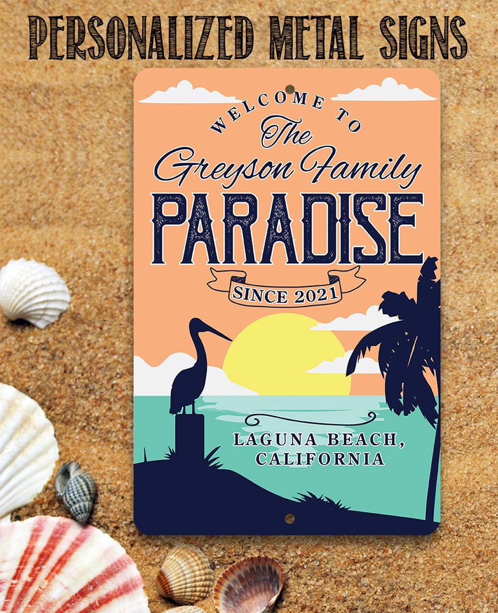 Personalized - Welcome To Paradise - Lake House and Beach House Welcome Sign, Custom Sun Palm Tree Birds Art Print, Beach Theme Display and Gift, 8x12 or 12x18 Indoor or Outdoor Durable Metal Sign