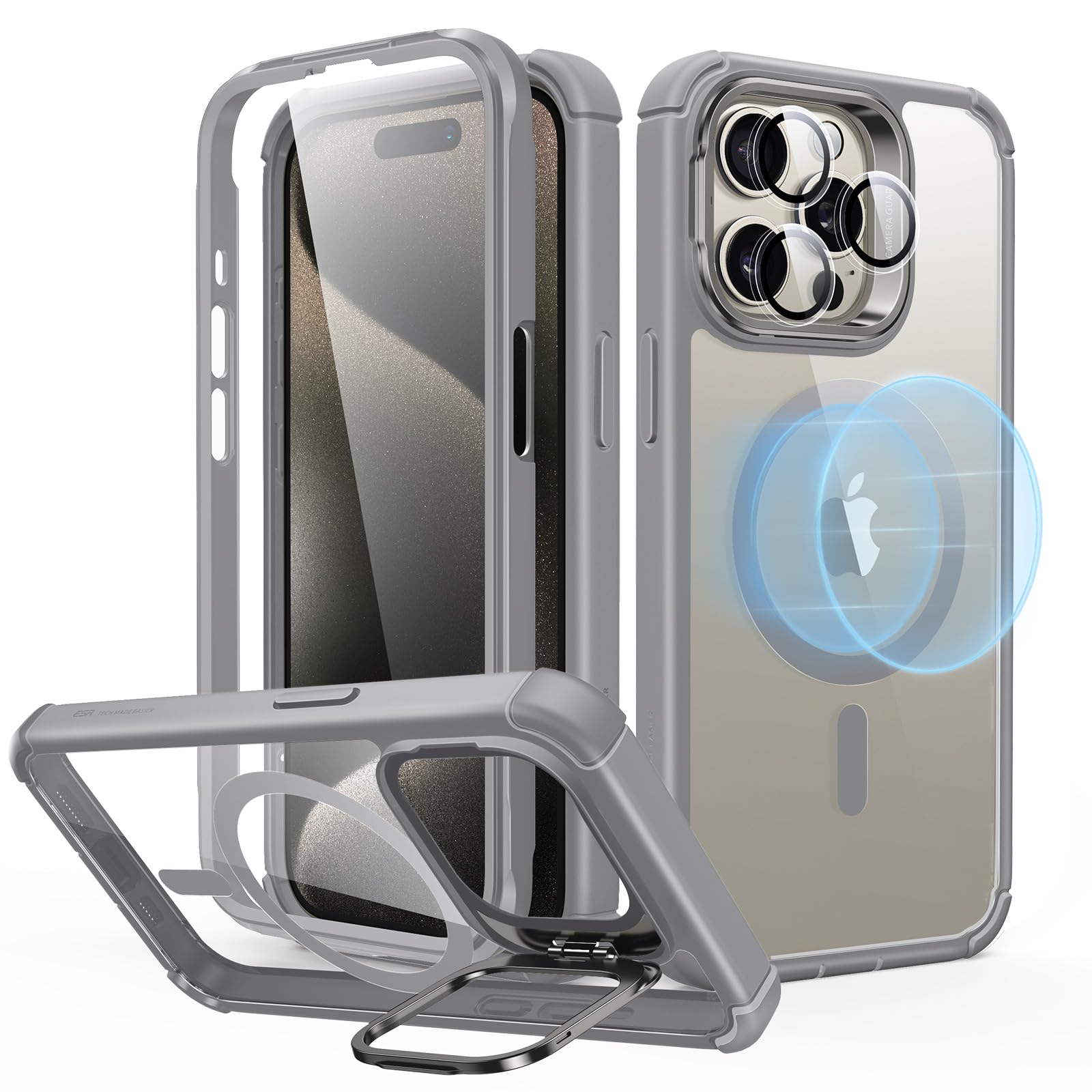 ESRfor iPhone 15 Pro Max Case with Stand, Compatible with MagSafe, Full-Body Military-Grade Drop Proof Case with Built-in 9H+ Tempered Glass Screen Protector, Armor Series, Clear Grey