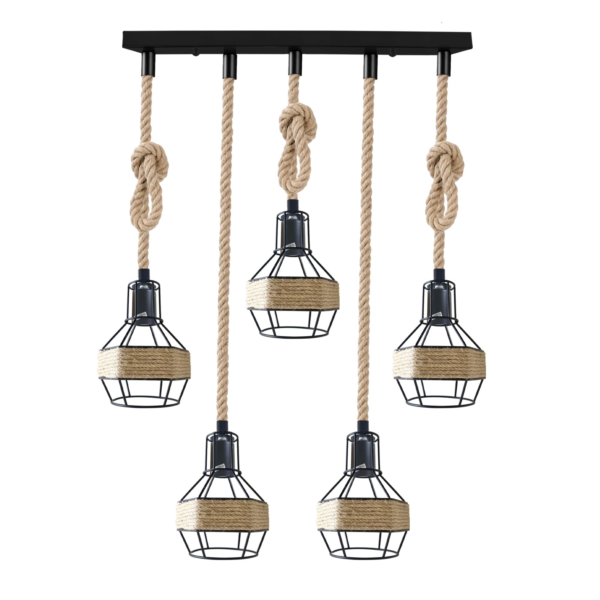 DC VOLTAGE Hemp Rope Hanging Lamp Vintage Hight Quality 5Head Hanging Pendant Rope E27 Suspension Weaving Ceiling Light Country Style for Dining Hall Bar Restaurant Cafe (No Bulb)