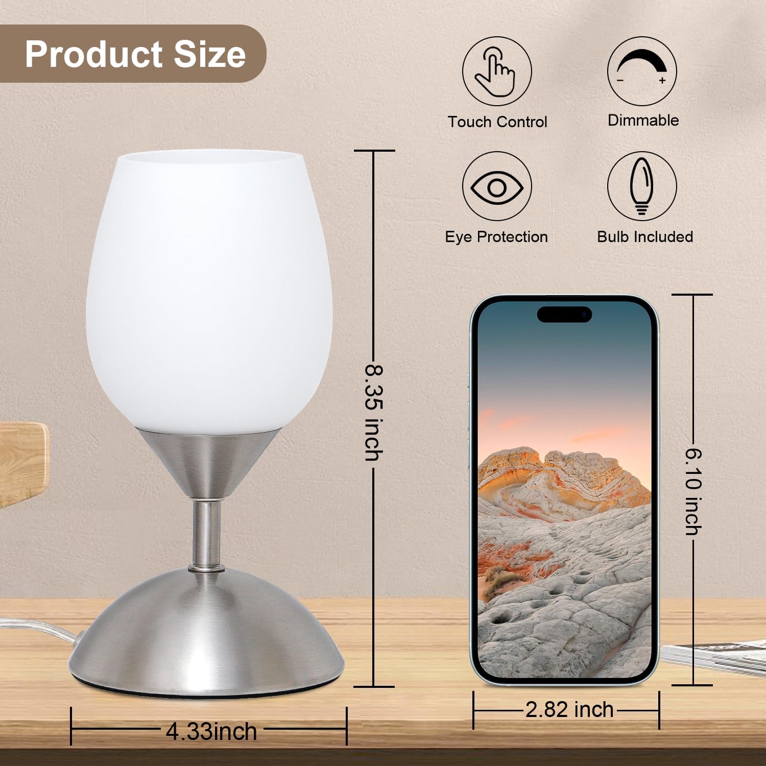 Boncoo Small Touch Lamp for Bedroom Nightstand, 3-Way Dimmable Bedside Lamps Opal Glass Desk Lamp Silver Base, Tiny Table Lamp for Small Spaces Ambient Lighting for Living Room, E12 Bulb Included