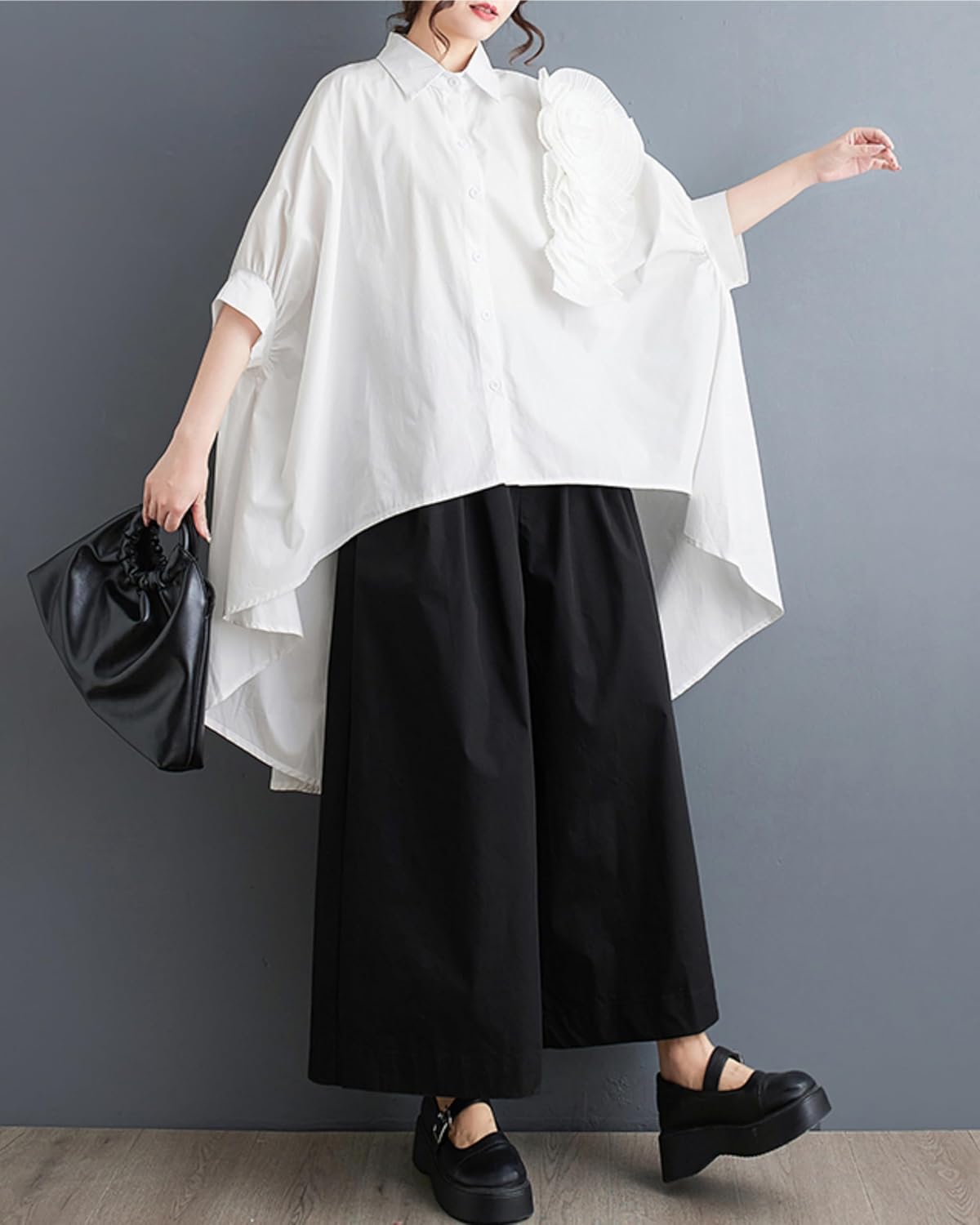 ellazhu Women Half Batwing Sleeves Flower Solid Color Button Down High Low Shirt T-Shirt GZ188