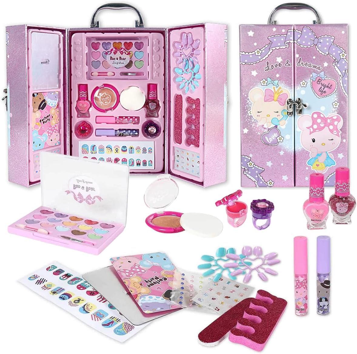AM ANNA Kids Makeup Kit, Girls Pretend Play Makeup Set, Washable Toddler Makeup Box Beauty Toys, Children Cosmetics Box with Lipsticks Brushes Mirror Christmas Birthday Gift Age3-12 Year Old(A)