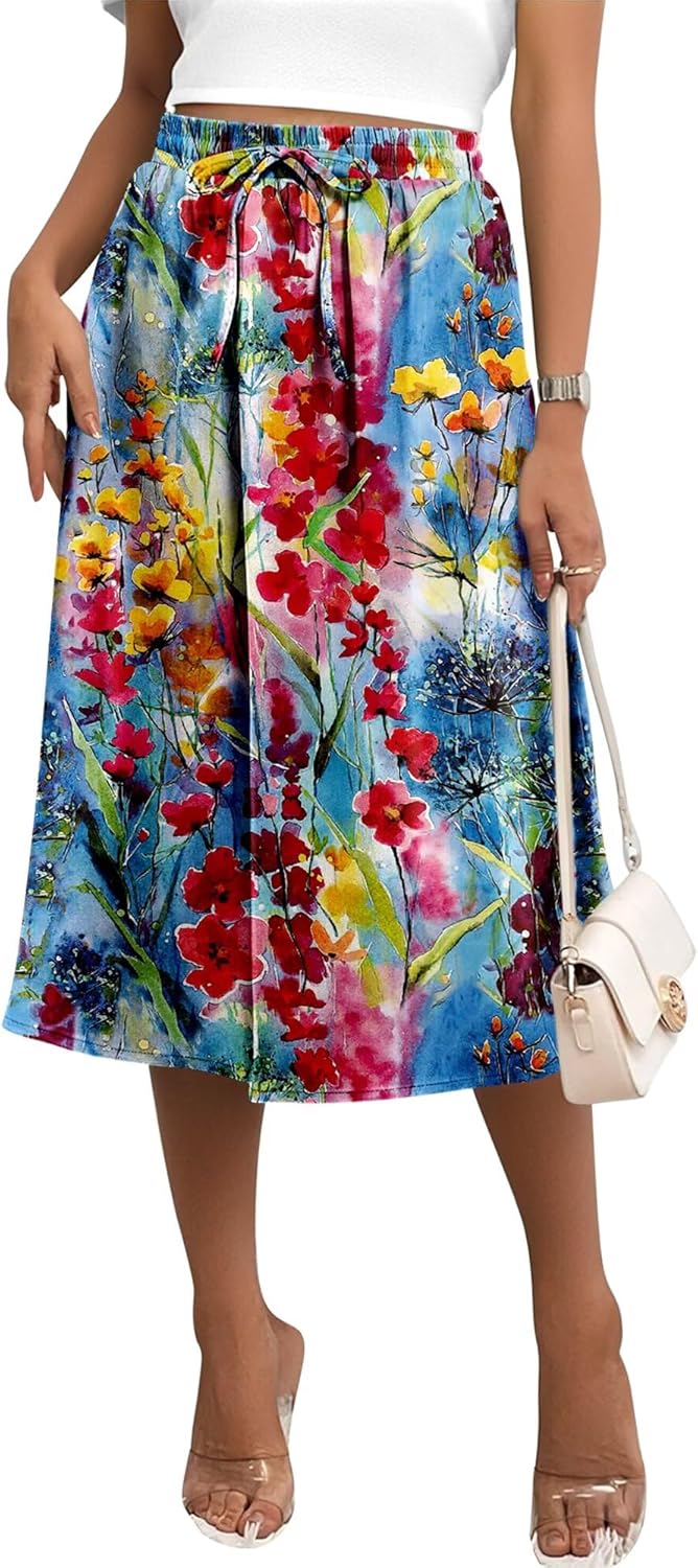 Angerella Womens Skirt Midi High Waist A-Line Casual Floral Print Trendy Bohemia Work Elegant with Pockets - Image 5