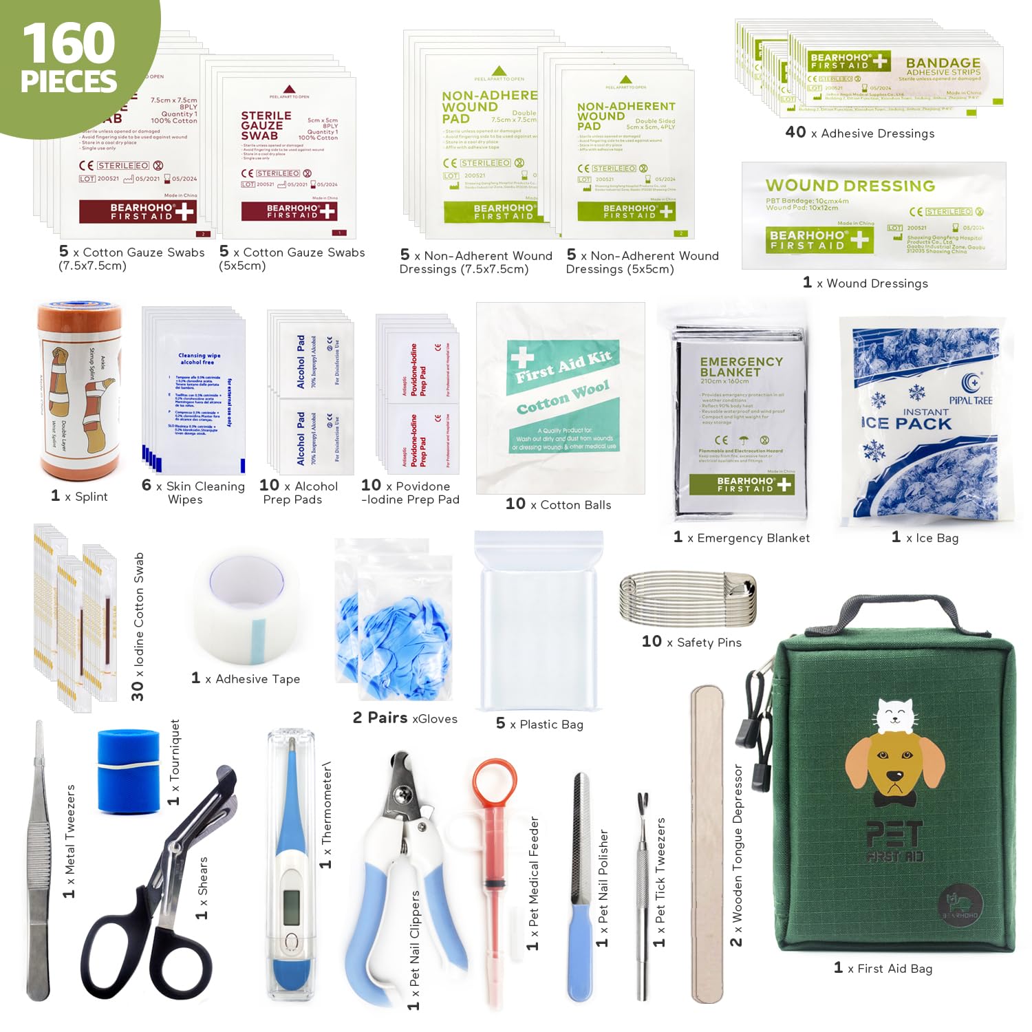 BearHoHo Lot de 160 sacs de rangement pour fournitures médicales - Trousse de premiers secours pour animal domestique - Kit de survie militaire pour chien - Sac médical d'urgence (vert)