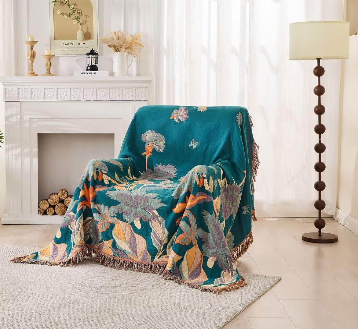 Boho Throw Blanket for Couch Sofa 60"x80",100% Cotton Muslin Fall Throw Blanket for Bed,Ultra Soft 4-Layers Woven Blanket with Floral Printed for All Season,Farmhouse Throws Bed Chair Cover - Image 5