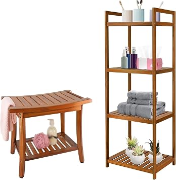 Utoplike Teak Shower Bench Seat Bathroom Shelf Organizer Freestanding Set